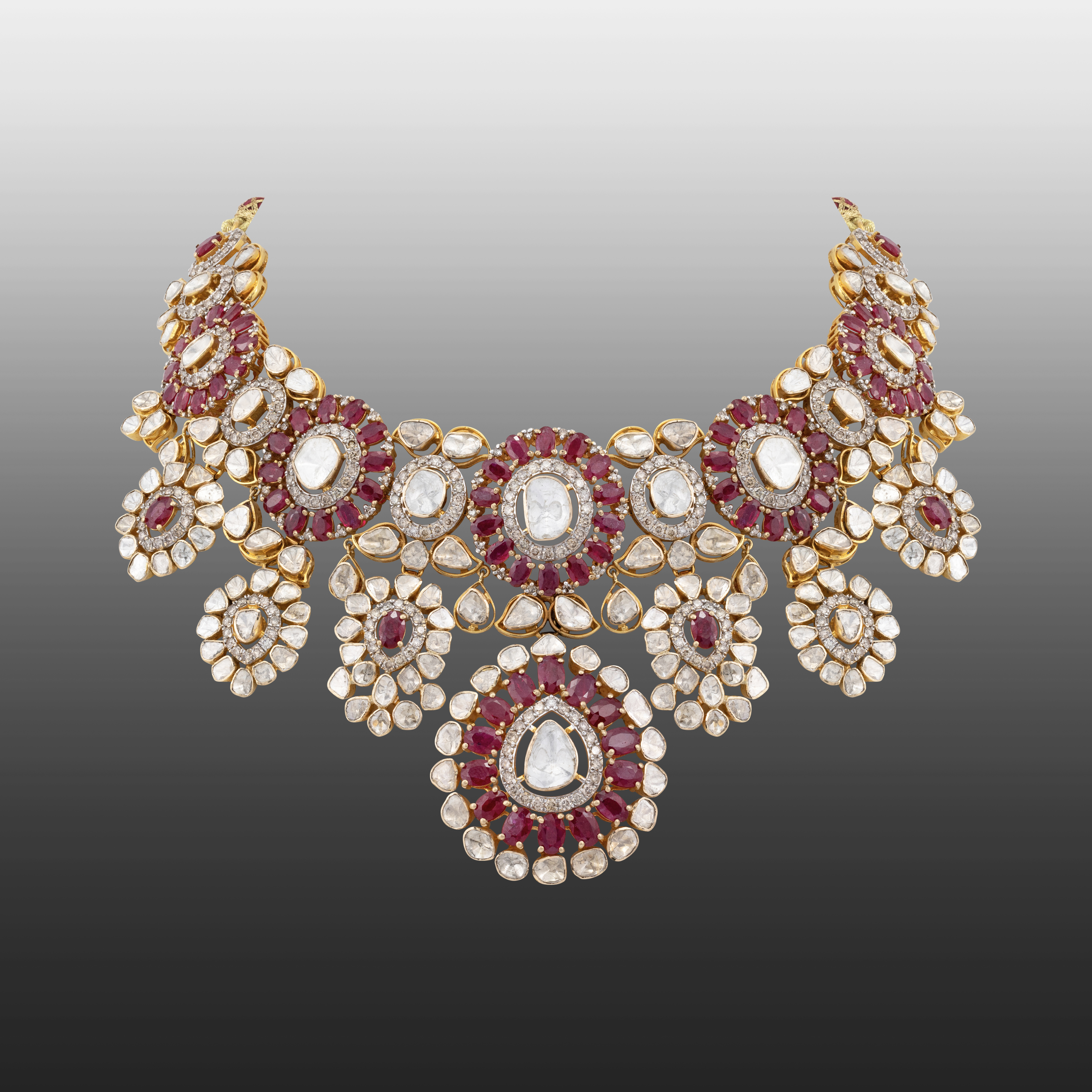 Ruby and Polki Floral Necklace with Diamond Accents